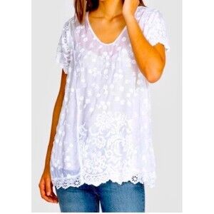 Johnny Was Aubrey Lace Embroidered Womens White Top Cupra Rayon  Size XL